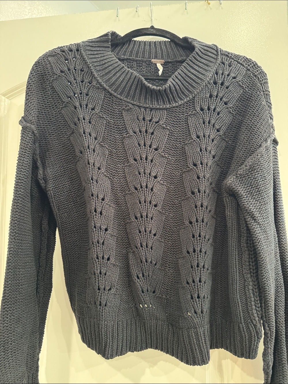Free People Black Open-Knit Crewneck Sweater